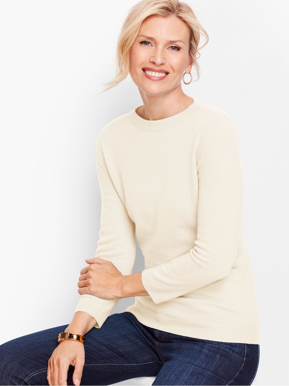 Talbots Audrey Cashmere 3/4 Sleeve Sweater in Ivory